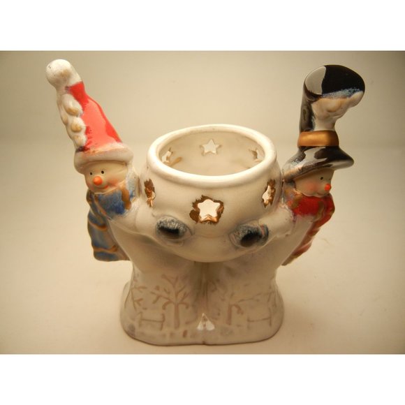 Holiday snowmen votive candle holder, 2 snowmen holding votive, luminary 6" X 5 - Picture 2 of 10